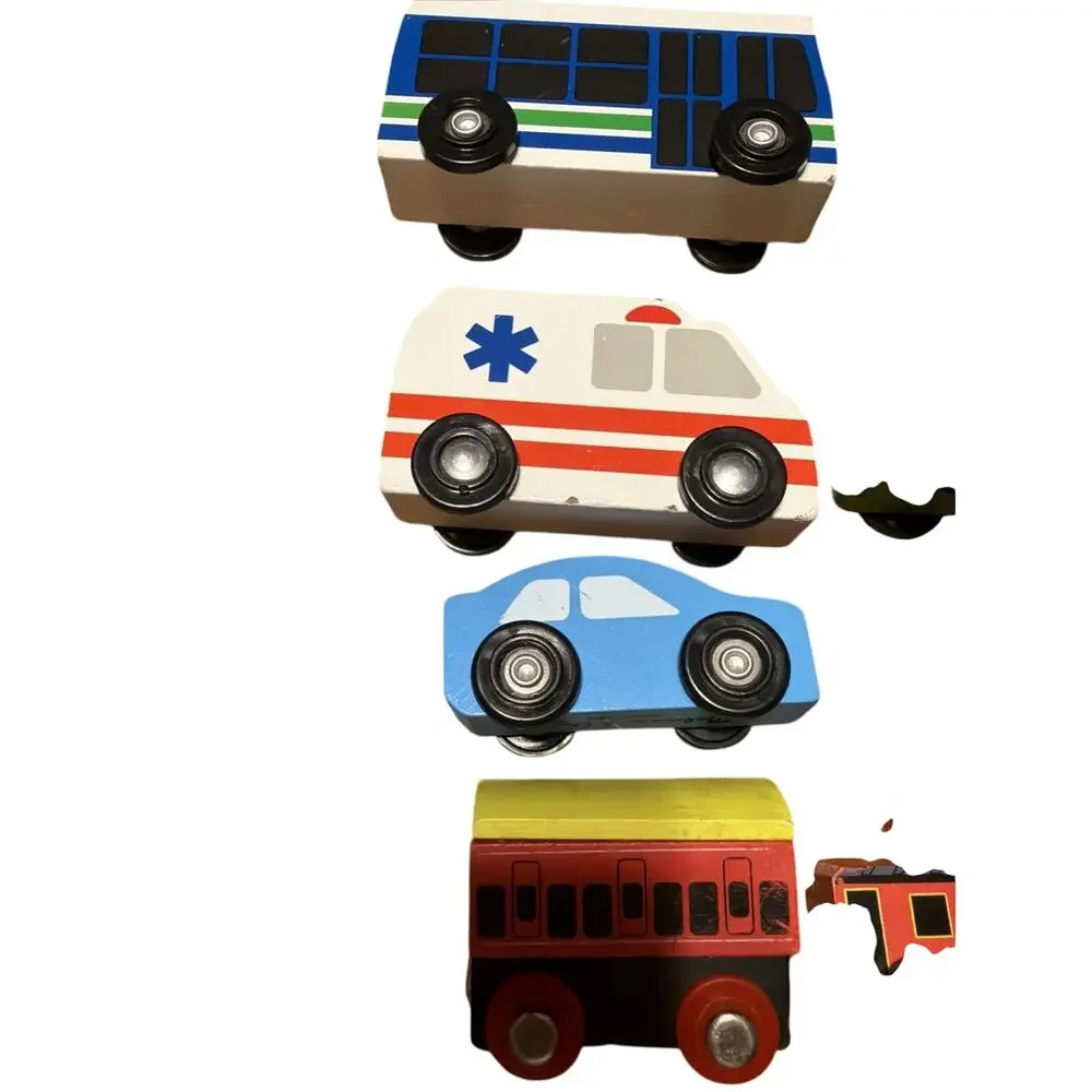 Melissa & Doug Lot of 8 Wooden Train and Emergency Vehicles Fits Brio IKEA Truck